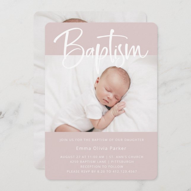 Baptism | Simple Minimal Pink with Two Photos Invitation (Front/Back)