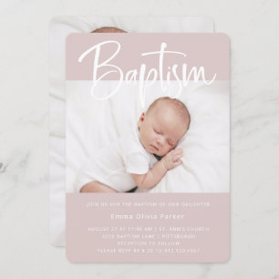 Baptism   Simple Minimal Pink with Two Photos Invitation