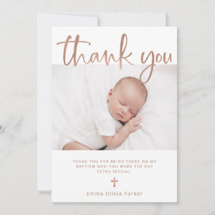 Baptism   Simple Minimal Rose Gold with Photo Thank You Card