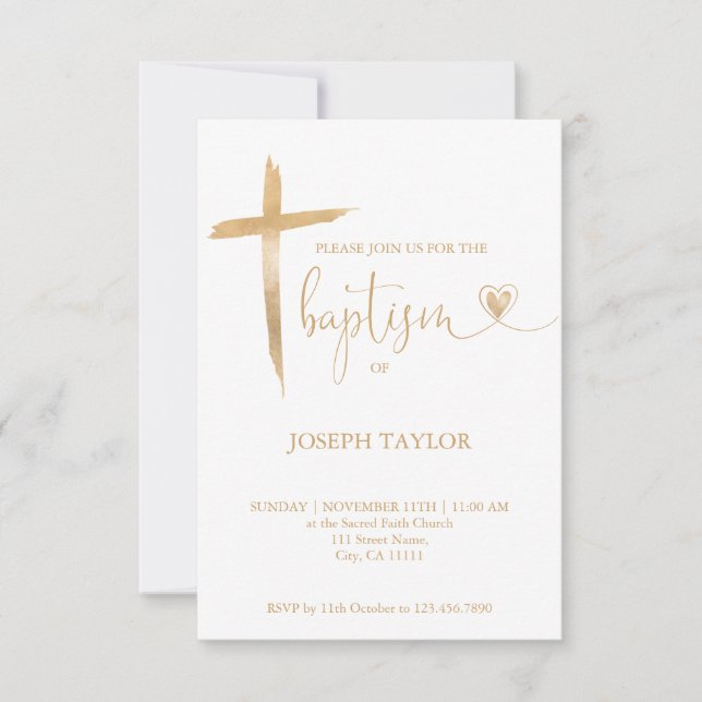 Baptism Simple Modern Cross Christening Gold Invitation (Front)