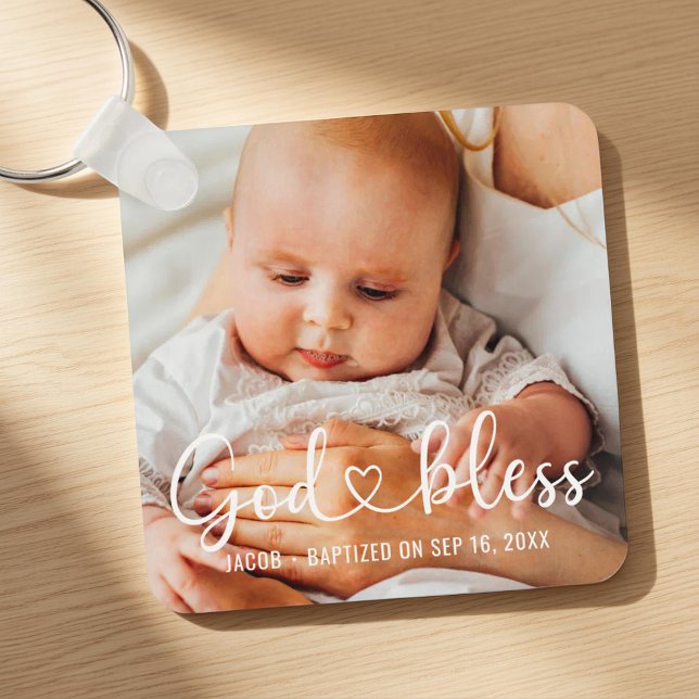 Baptism Simple Modern Heart Baby Photo Key Ring (Creator Uploaded)