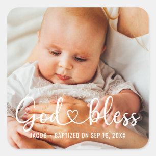 Baptism Simple Modern Heart Baby Photo Square Sticker