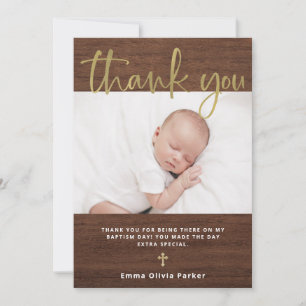 Baptism   Simple Rustic Look and Gold with Photo Thank You Card