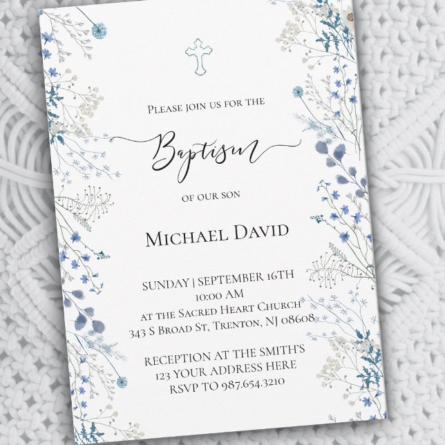 Baptism small blue watercolor flowers invitation (Creator Uploaded)