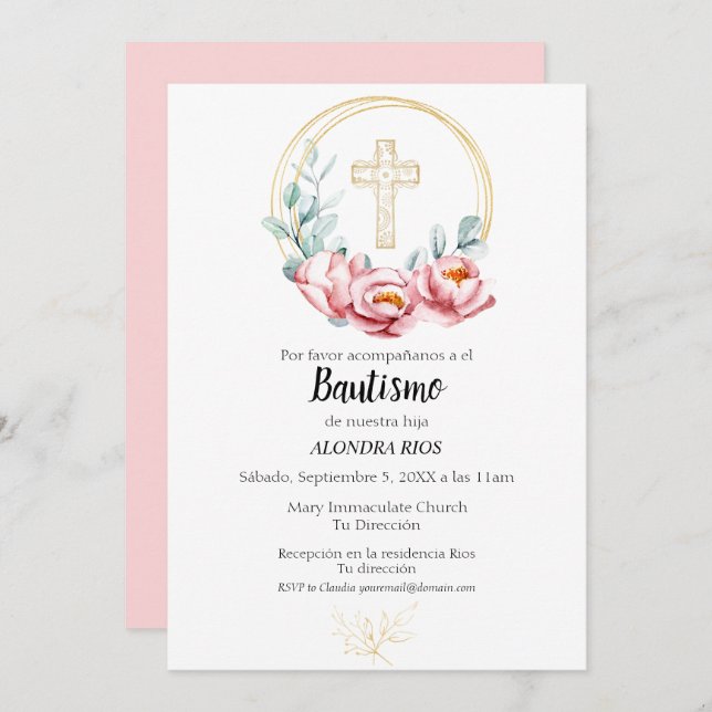 Baptism Spanish Invitation Girl, Floral (Front/Back)