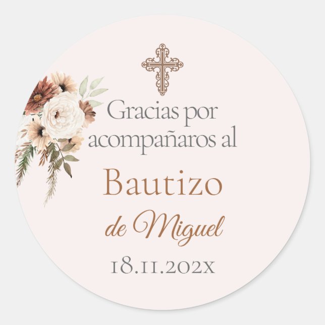 Baptism Stickers, Favour Label, in Spanish Classic Round Sticker (Front)