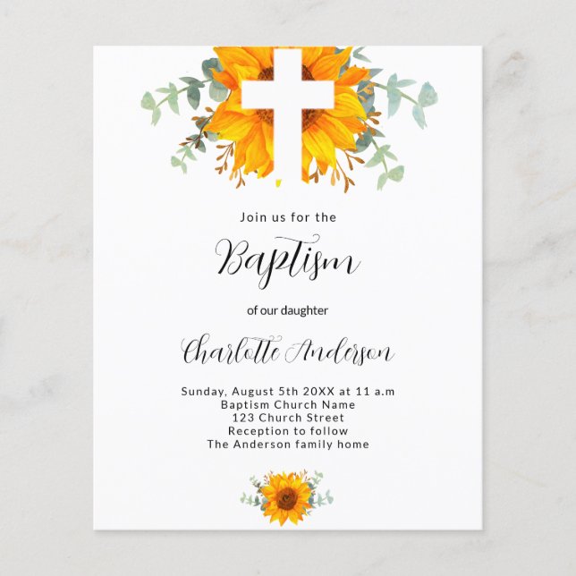 Baptism sunflower eucalyptus budget invitation flyer (Front)