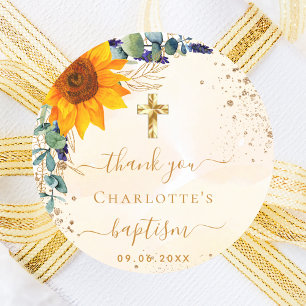 Baptism sunflower eucalyptus glitter thank you classic round sticker