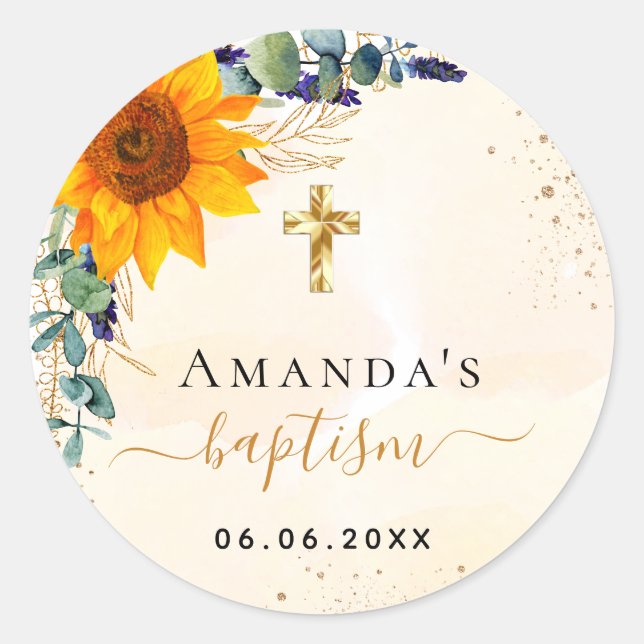 Baptism sunflowers eucalyptus greenery glitter classic round sticker (Front)