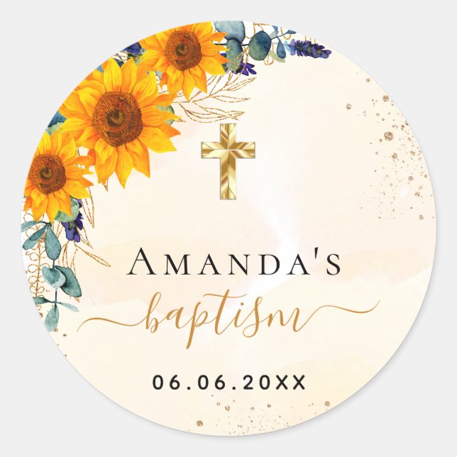 Baptism sunflowers eucalyptus greenery glitter classic round sticker (Front)