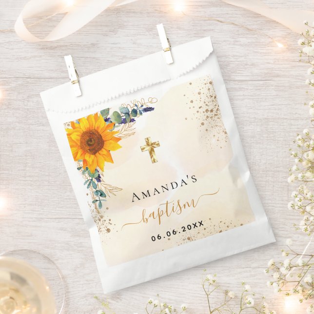 Baptism sunflowers eucalyptus greenery glitter favour bag (Clipped)
