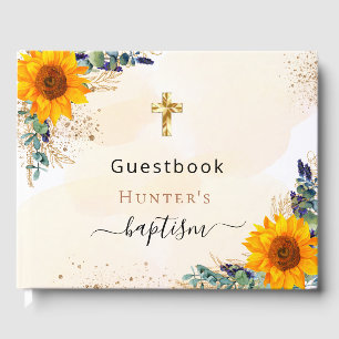 Baptism sunflowers eucalyptus greenery photo guest book