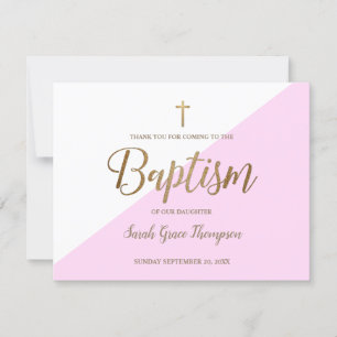 Baptism Thank You Baby Girl Simple Pink Gold Card