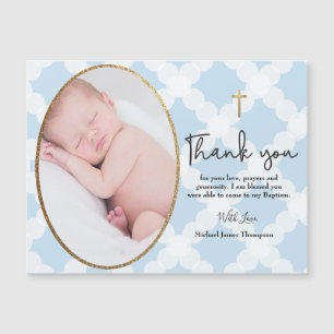 Baptism thank you baby photo blue gold white