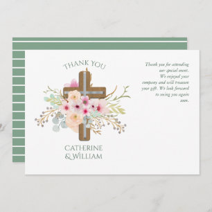 Baptism THANK YOU Card - sage pink Flora Cross