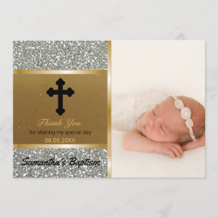Baptism Thank You   Custom Photo Silver Gold Card