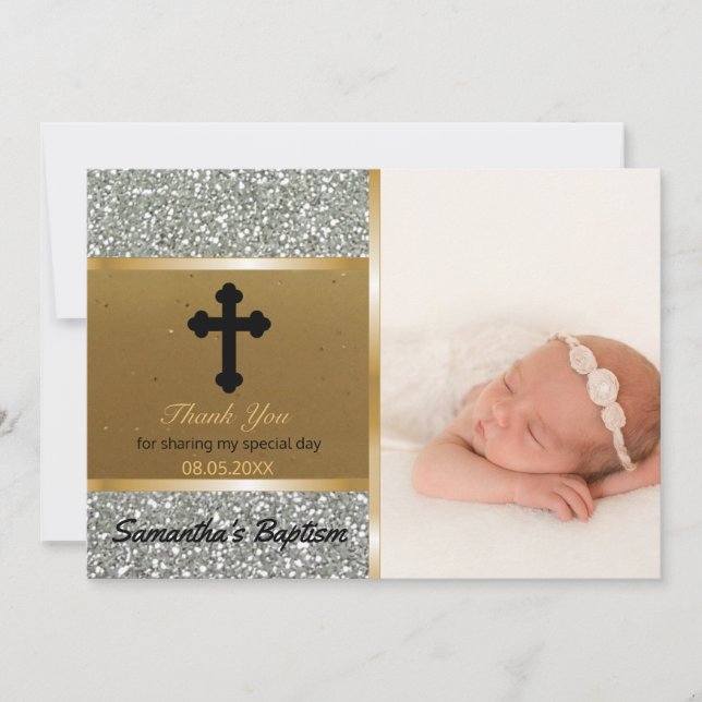 Baptism Thank You | Custom Photo Silver Gold Card (Front)