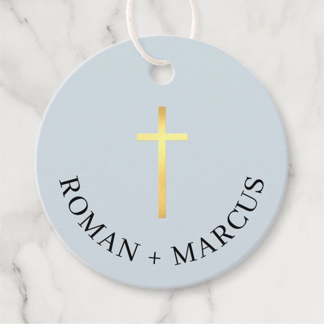 BAPTISM THANK YOU large gold cross baby blue Favou Favour Tags (Front)
