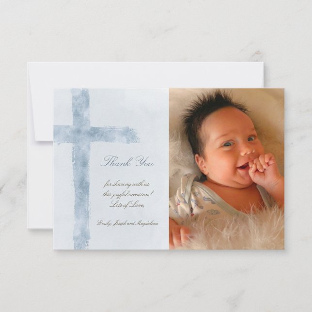 Baptism thank you modern blue cross invitation (Front)