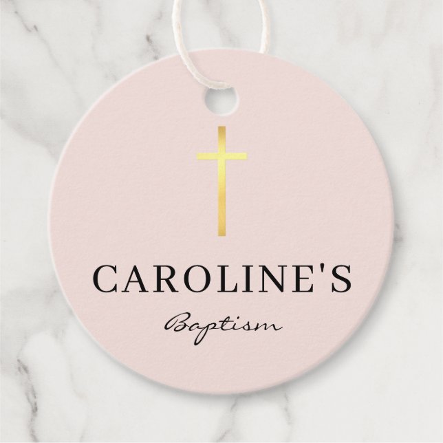 BAPTISM THANK YOU modern gold cross girl baby pink Favour Tags (Front)