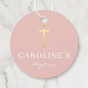 BAPTISM THANK YOU modern gold cross girl cute pink Favour Tags