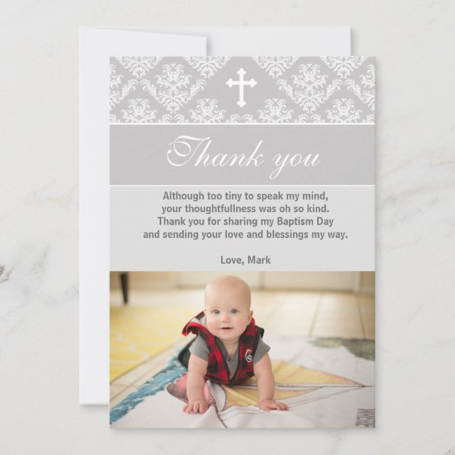 Baptism Thank You Note Christening Silver White (Front)