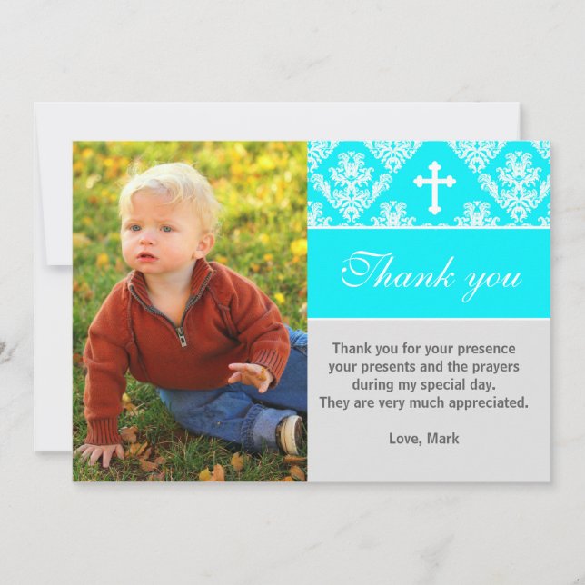 Baptism Thank You Note Custom Photo Card Turquoise (Front)