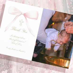 Baptism thank you photo pink bow invitation