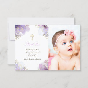 Baptism thank you purple watercolor flowers invitation
