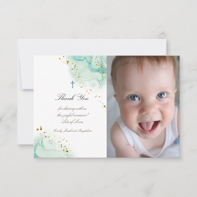 Baptism thank you teal ink marble invitation (Front)
