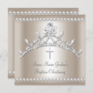Baptism Tiara Sepia Silver White Pearl Diamond Invitation