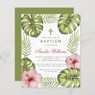 Baptism Tropical Leaves Hibiscus Budget Invitation