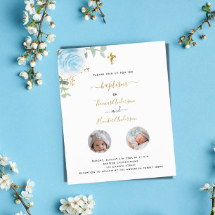 Baptism twins blue floral photo boy invitation