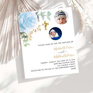 Baptism twins boys floral photo budget invitation