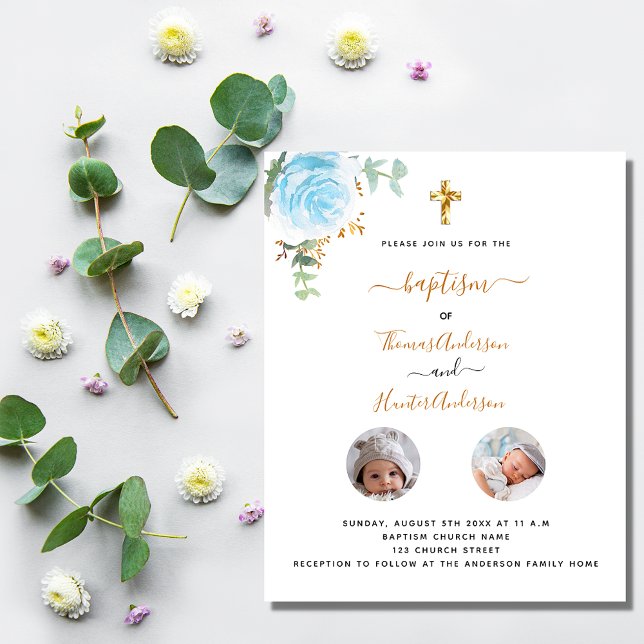 Baptism twins boys floral photo budget invitation flyer (Creator Uploaded)