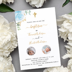 Baptism twins boys white floral photo luxury invitation