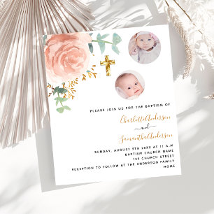 Baptism twins girls floral photo budget invitation