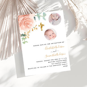 Baptism twins girls rose gold floral photo invitation