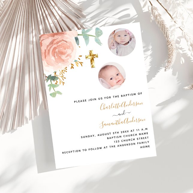 Baptism twins girls rose gold floral photo invitation (Creator Uploaded)