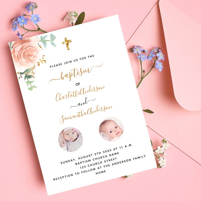Baptism twins girls white floral photo invitation (Creator Uploaded)