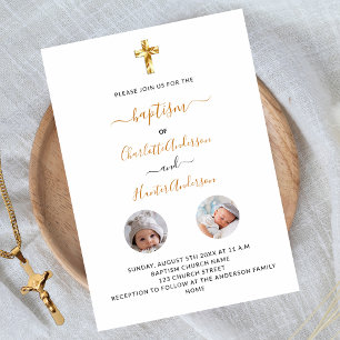 Baptism twins white photo gender neutral invitation postcard