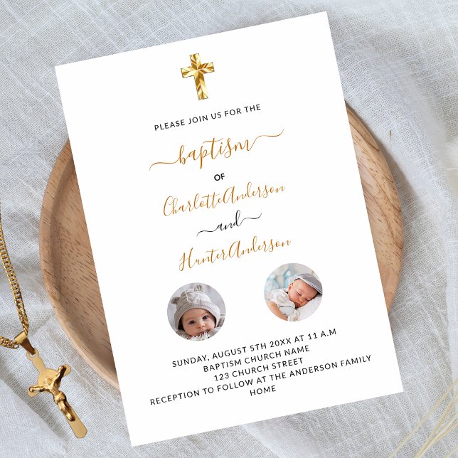 Baptism twins white photo gender neutral invitation postcard (Creator Uploaded)