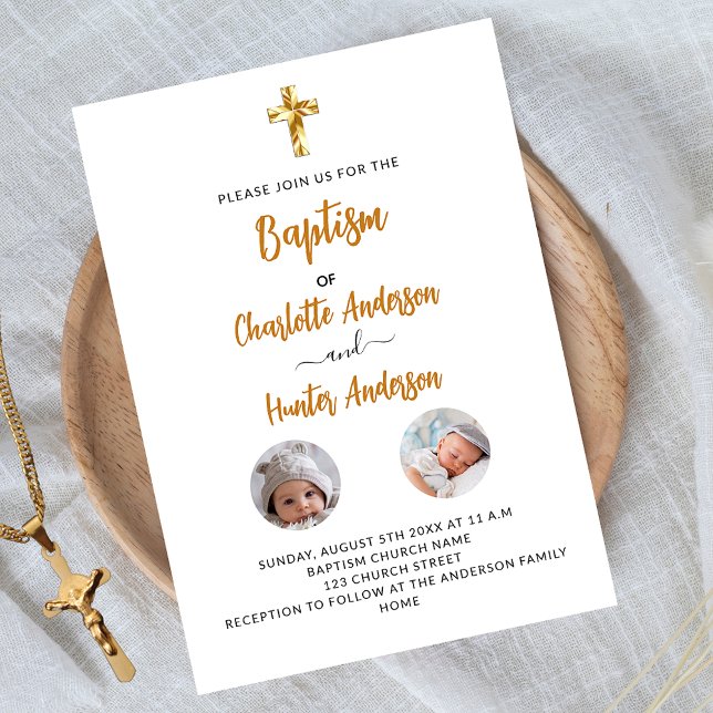 Baptism twins white photo gender neutral luxury invitation (Creator Uploaded)