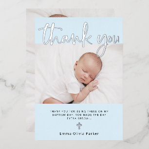 Baptism   Two Photo Thank You Card Silver Foil