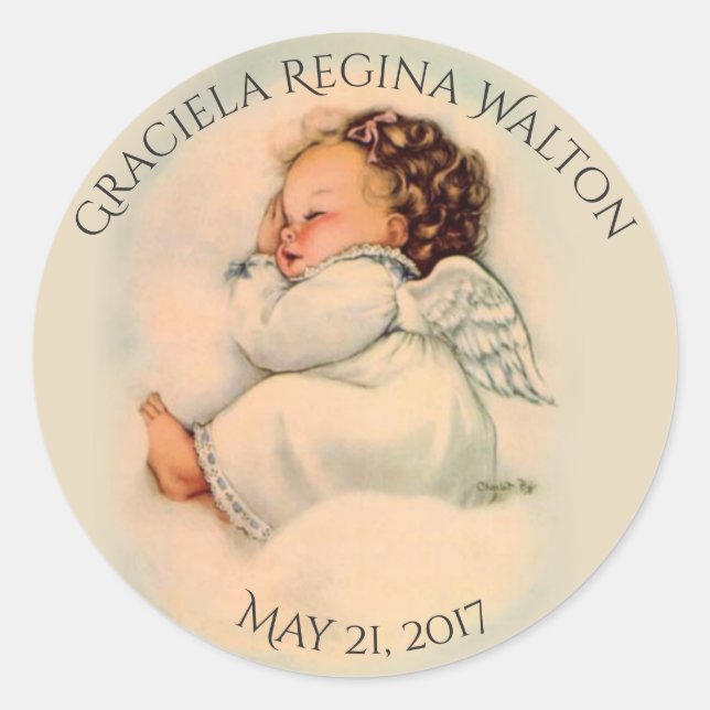 Baptism Vintage Baby Girl Sleeping Angel Classic Round Sticker (Front)