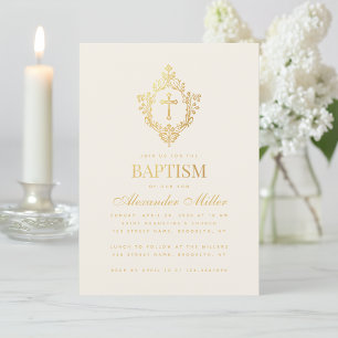 Baptism Vintage Crest Elegant Faux Gold Foil Ivory Invitation