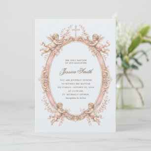 Baptism Vintage Renaissance Cherub Pink  Invitation