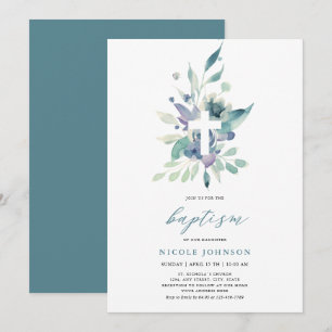 Baptism  Violet Blue Florals Elegance  Invitation