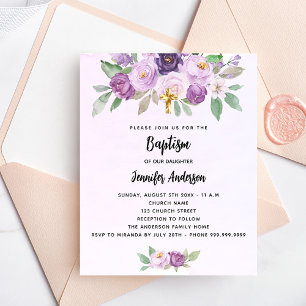 Baptism violet flowers greenery budget invitation