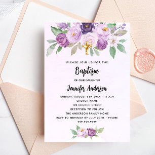 Baptism violet flowers greenery cross luxury invitation